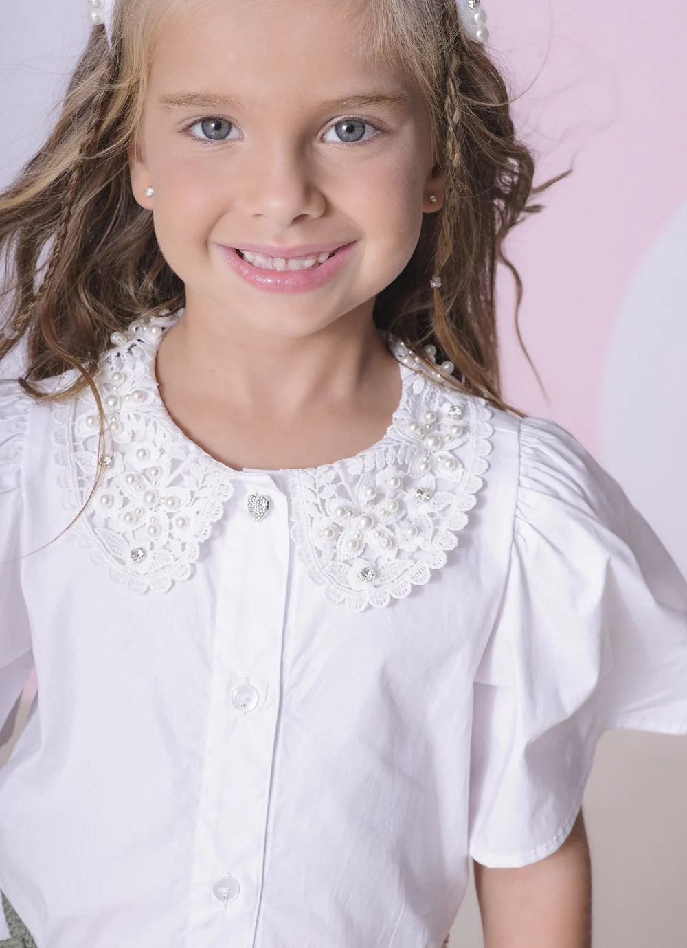 Camisa Tricoline Gola Renda Branca Pituchinhus