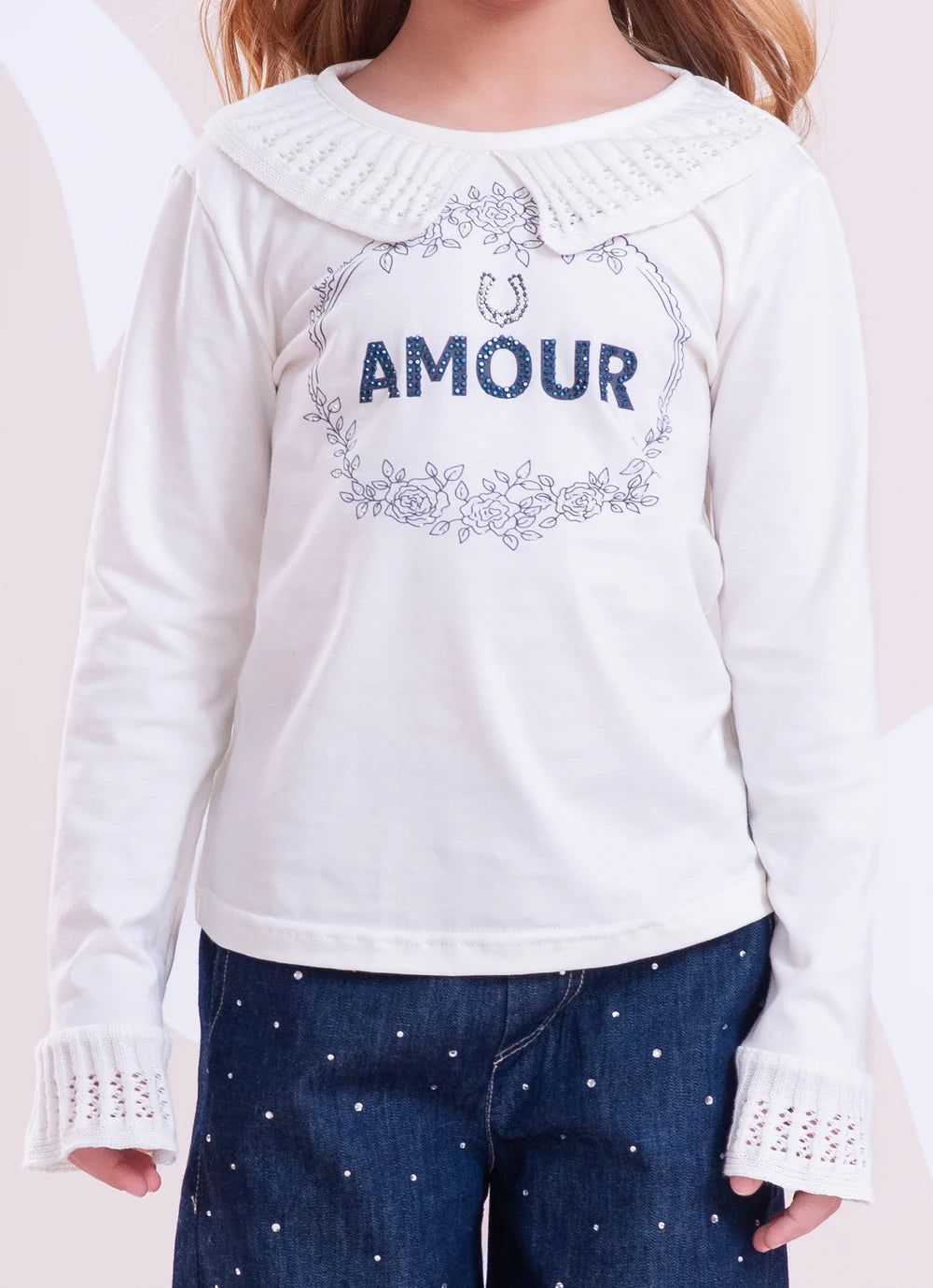 Blusa Cotton Amour Cristal Gola E Babado Mangas Tricot Off White Pituchinhus
