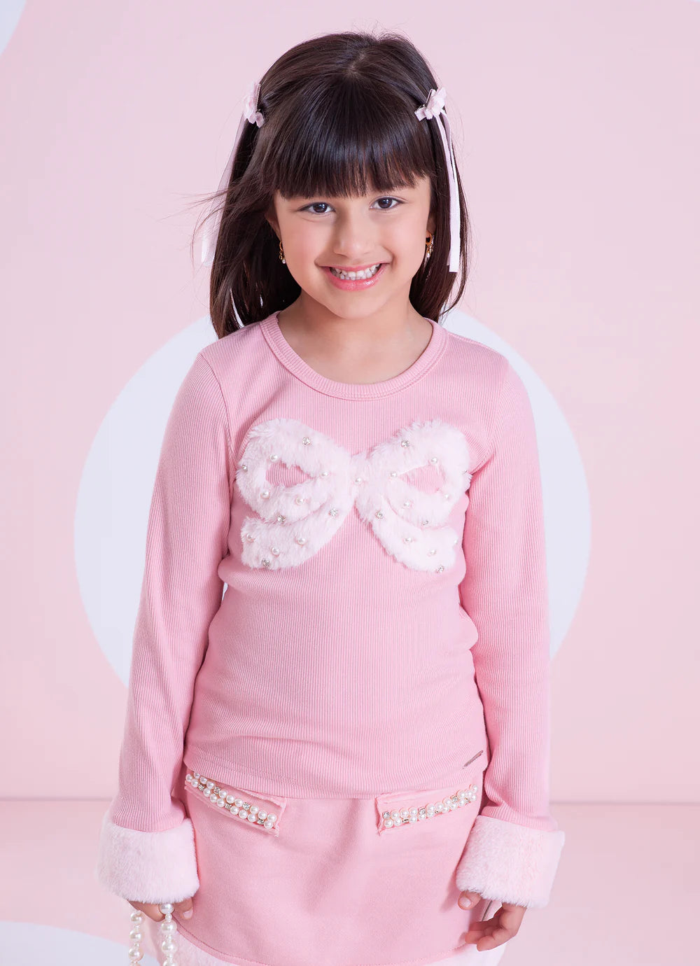 Blusa Rib Punho E Laço De Pele Bordado Rosa Dolce Pituchinhus
