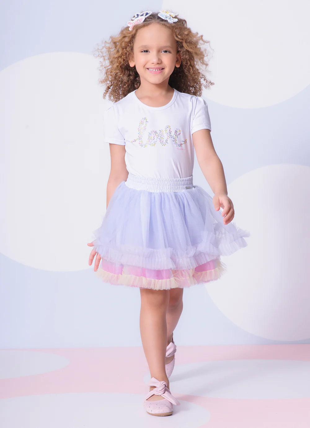 Saia Short Tule Babado Frufru Multicolor Pituchinhus