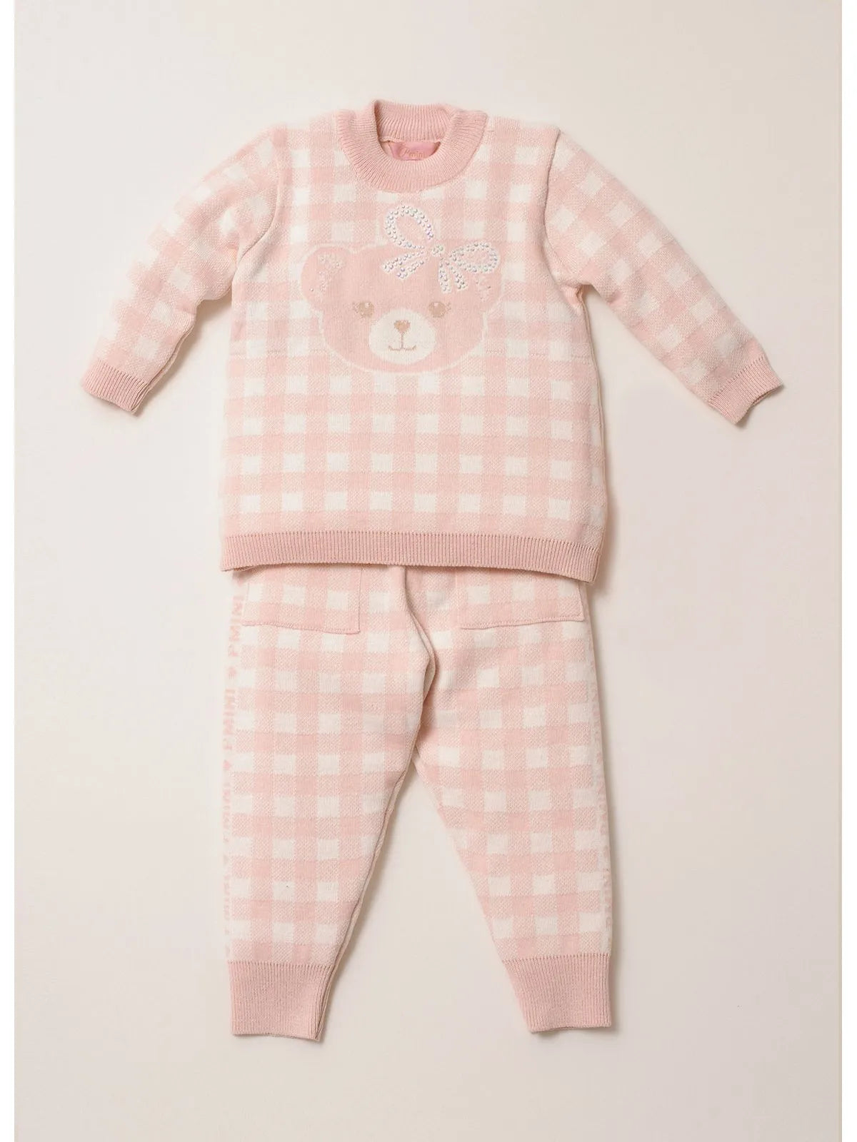Conjunto Tricot Xadrez Ursinha Cristal Rosa Mel - BambolePetit