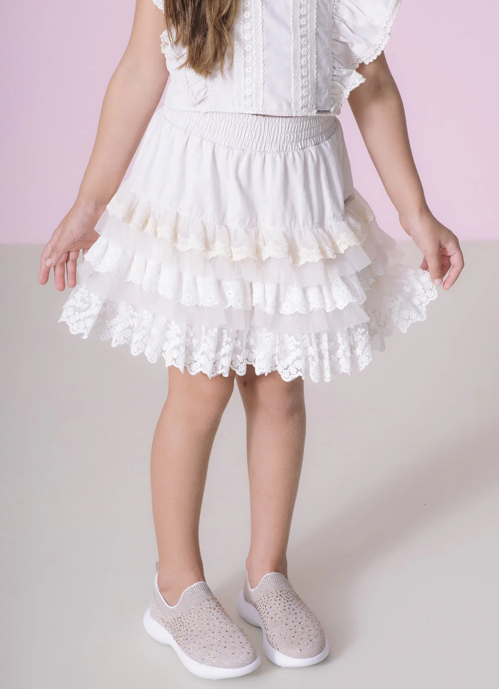 Saia Short Algodão Mix Babados Bege