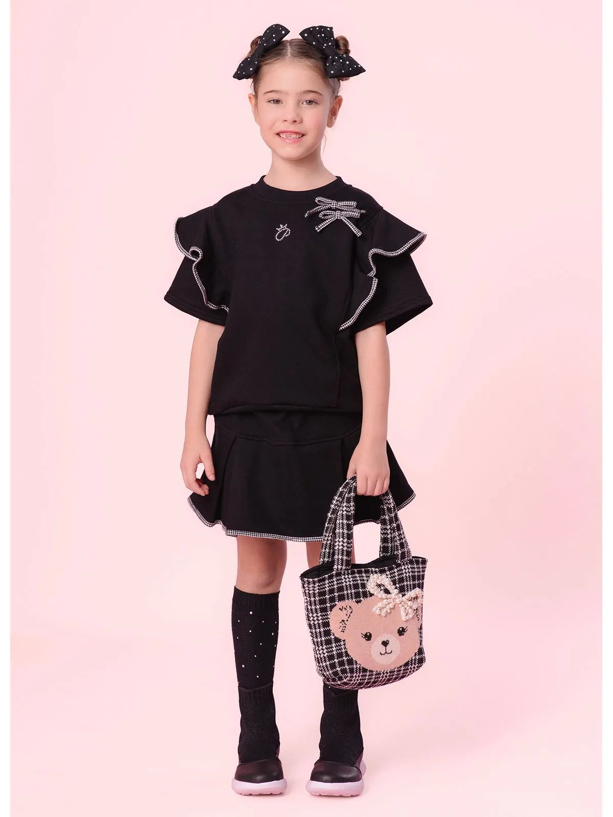 Saia Short Moletom Pregas Debrum Xadrez Preto - BambolePetit