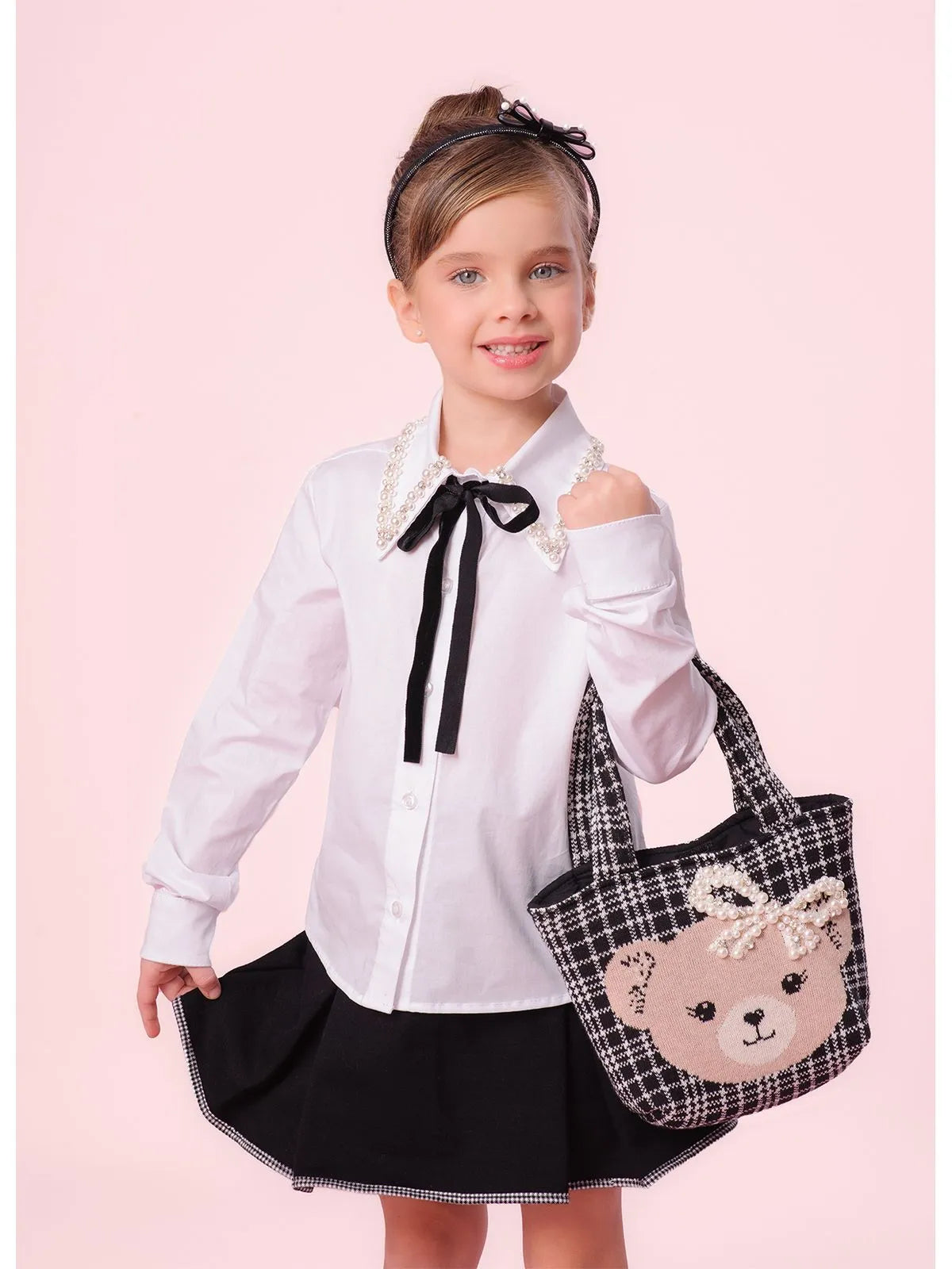 Camisa Tricoline Laço Veludo Bordado Branco - BambolePetit