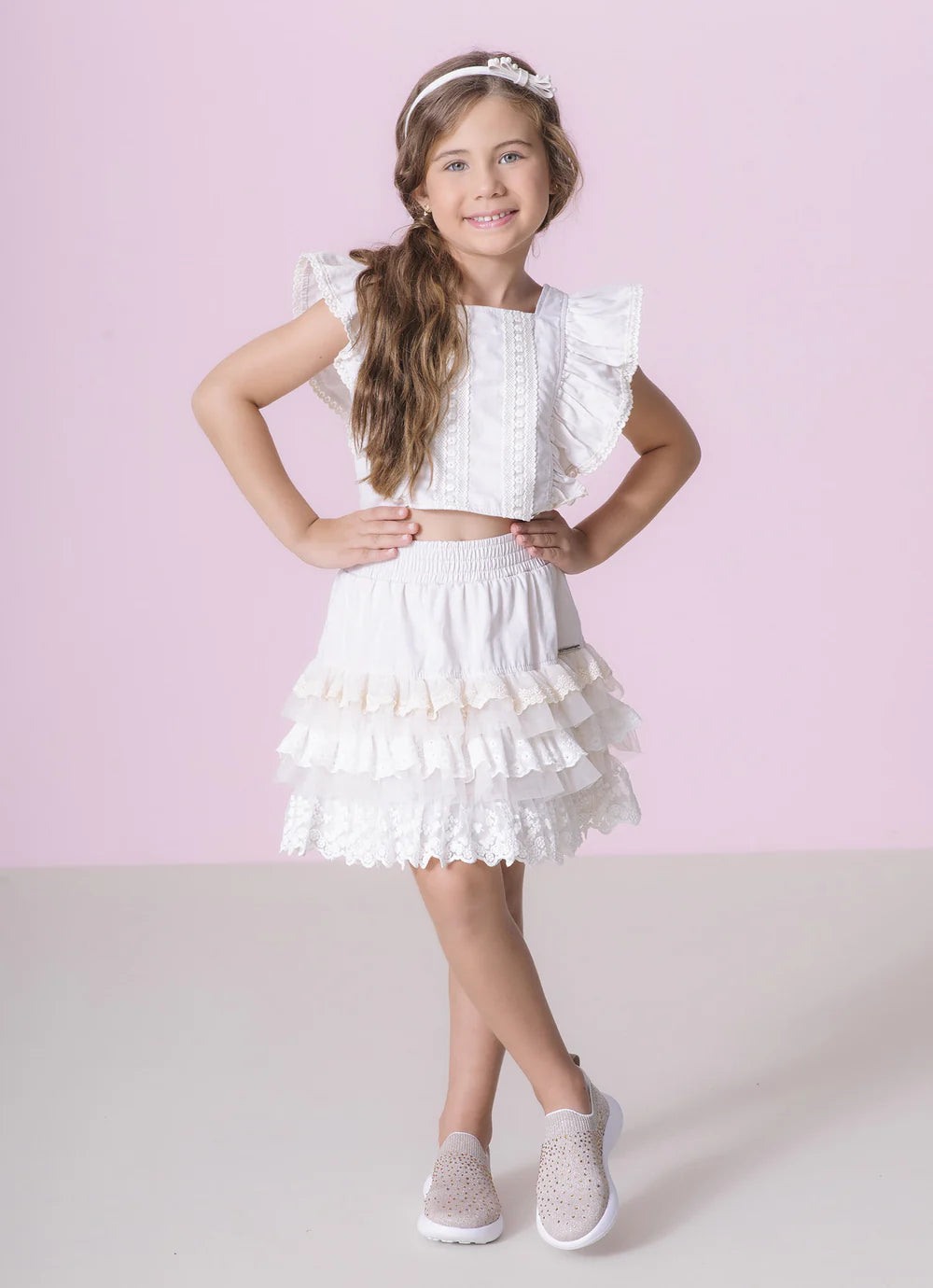 Saia Short Algodão Mix Babados Bege
