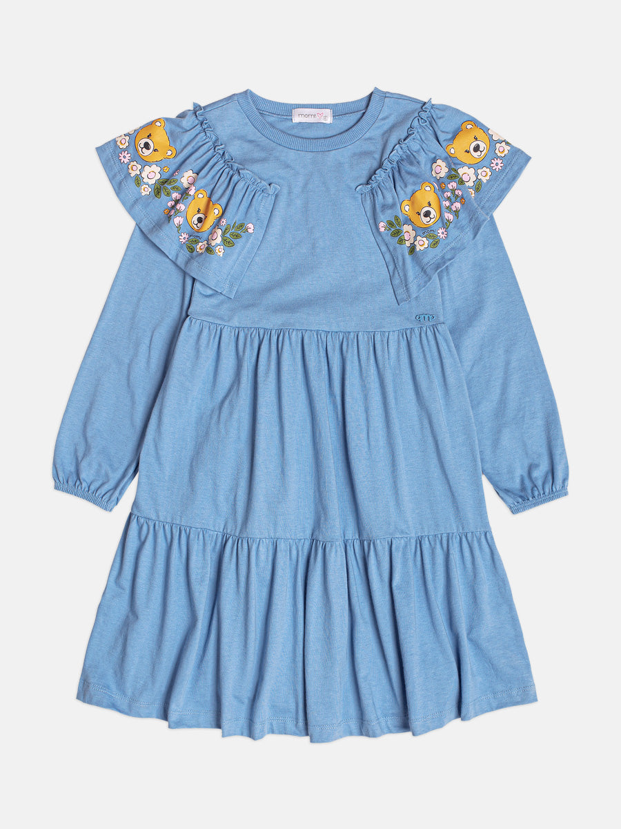 Vestido Manga Longa Com Babado Ursinhos Azul Safira Momi