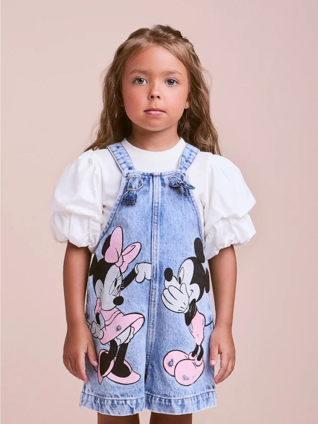 Jardineira Jeans do Casal Mickey e Minnie Anime