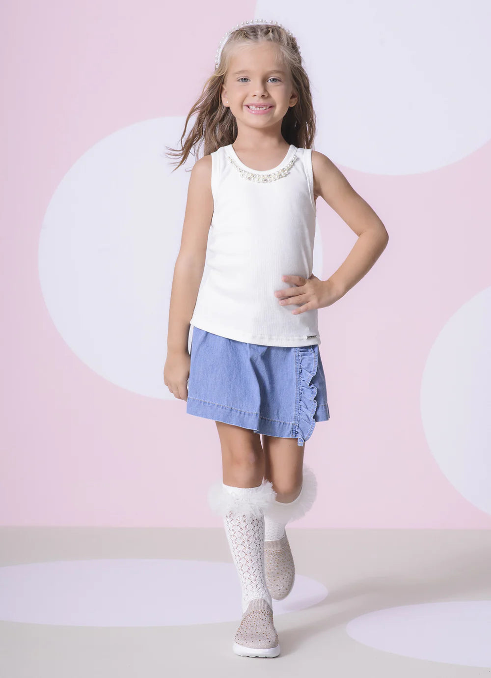 Meia Tricot Rendada Frufru Tule Off White