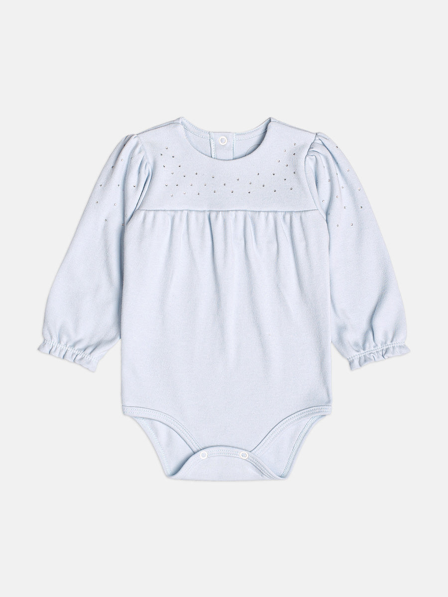 Body Manga Longa Com Strass Azul Bebe Momi