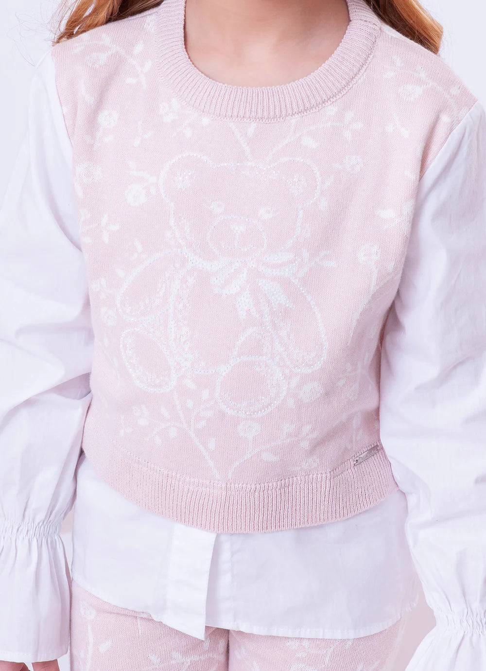 Blusa Tricot Floral Ursinha Mangas E Barra Algodão Rosa Mel Pituchinhus
