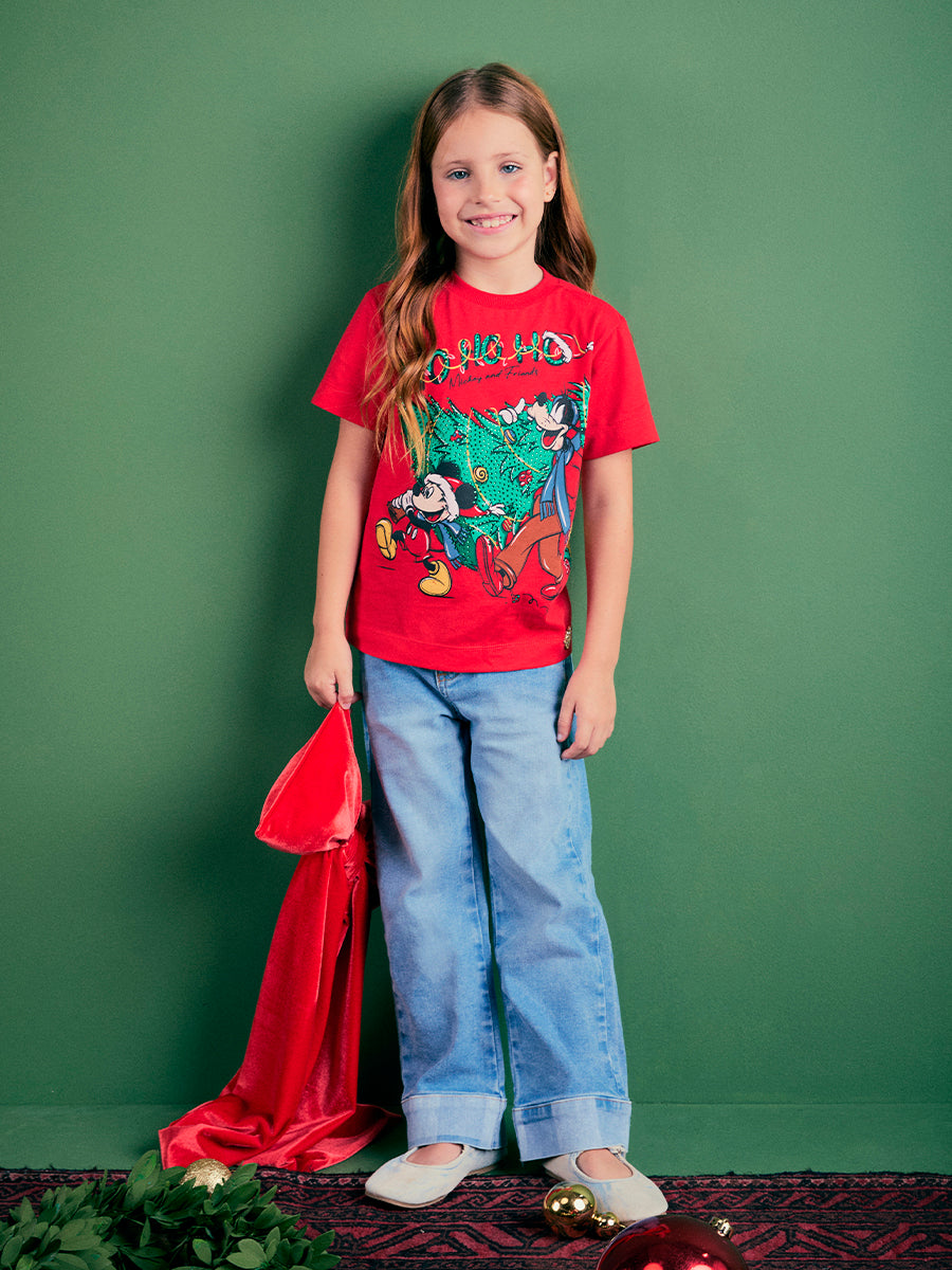 T-Shirt  Vermelha Mickey e Amigos Natal Anime