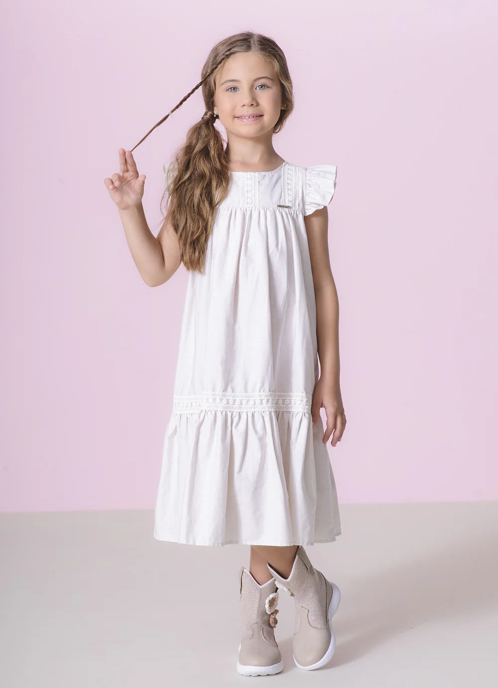 Vestido Algodão Babados Renda Bege Pituchinhus