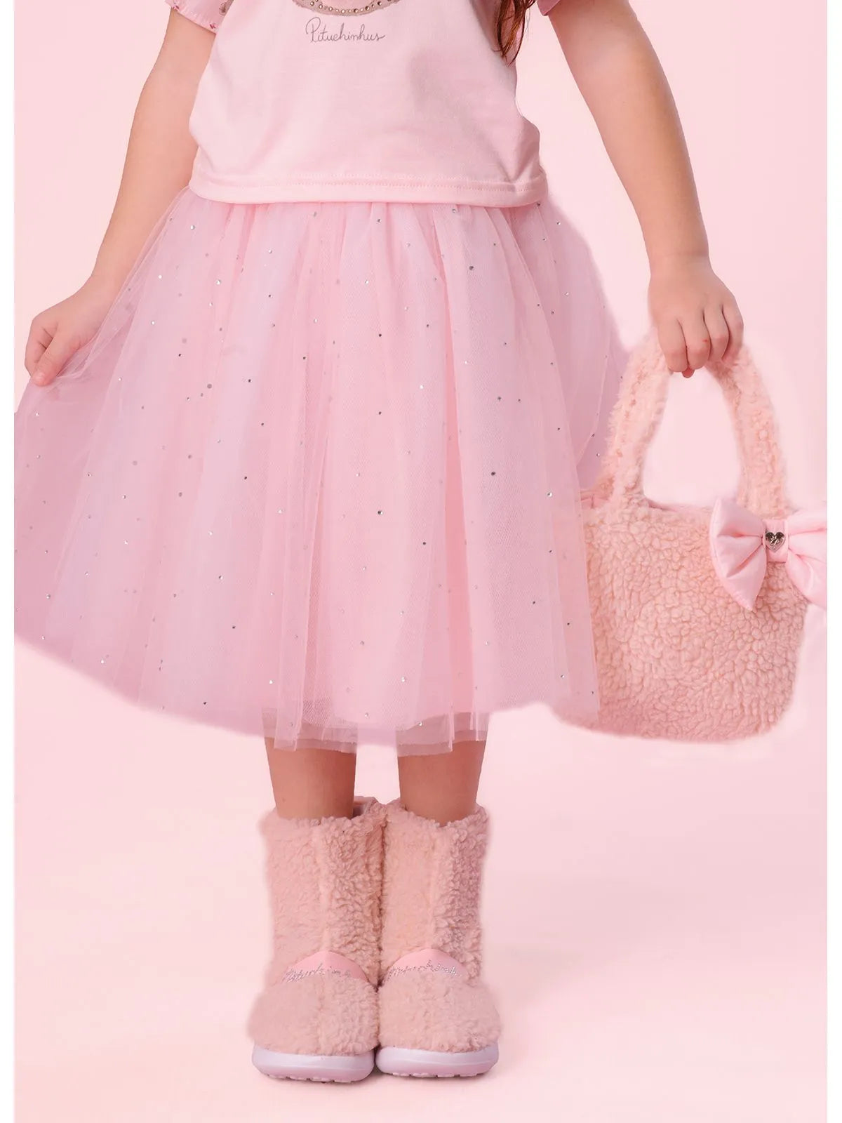 Saia Short Tule Cristais Princesa Rosa Gelado - BambolePetit