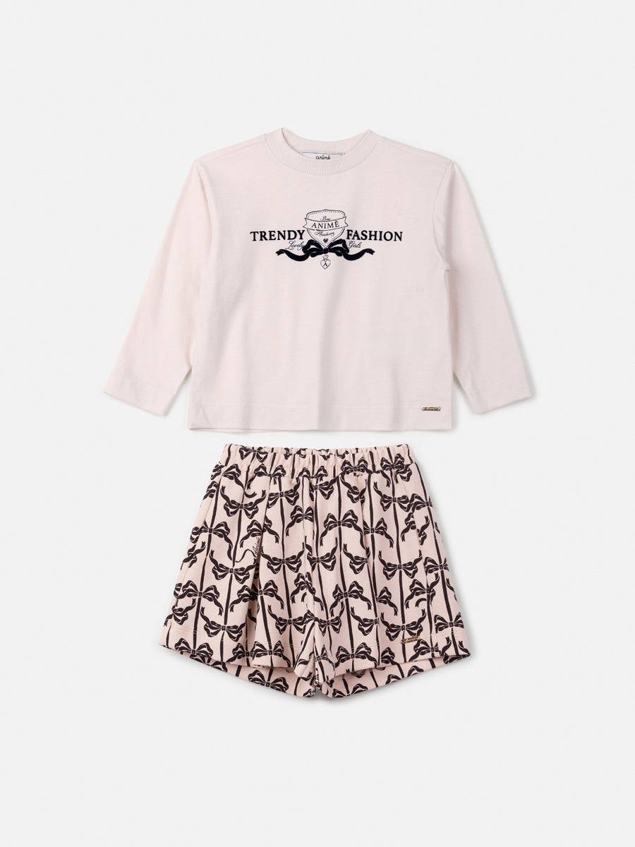 Conjunto Manga Longa Blusa Laços Shorts Bege - BambolePetit