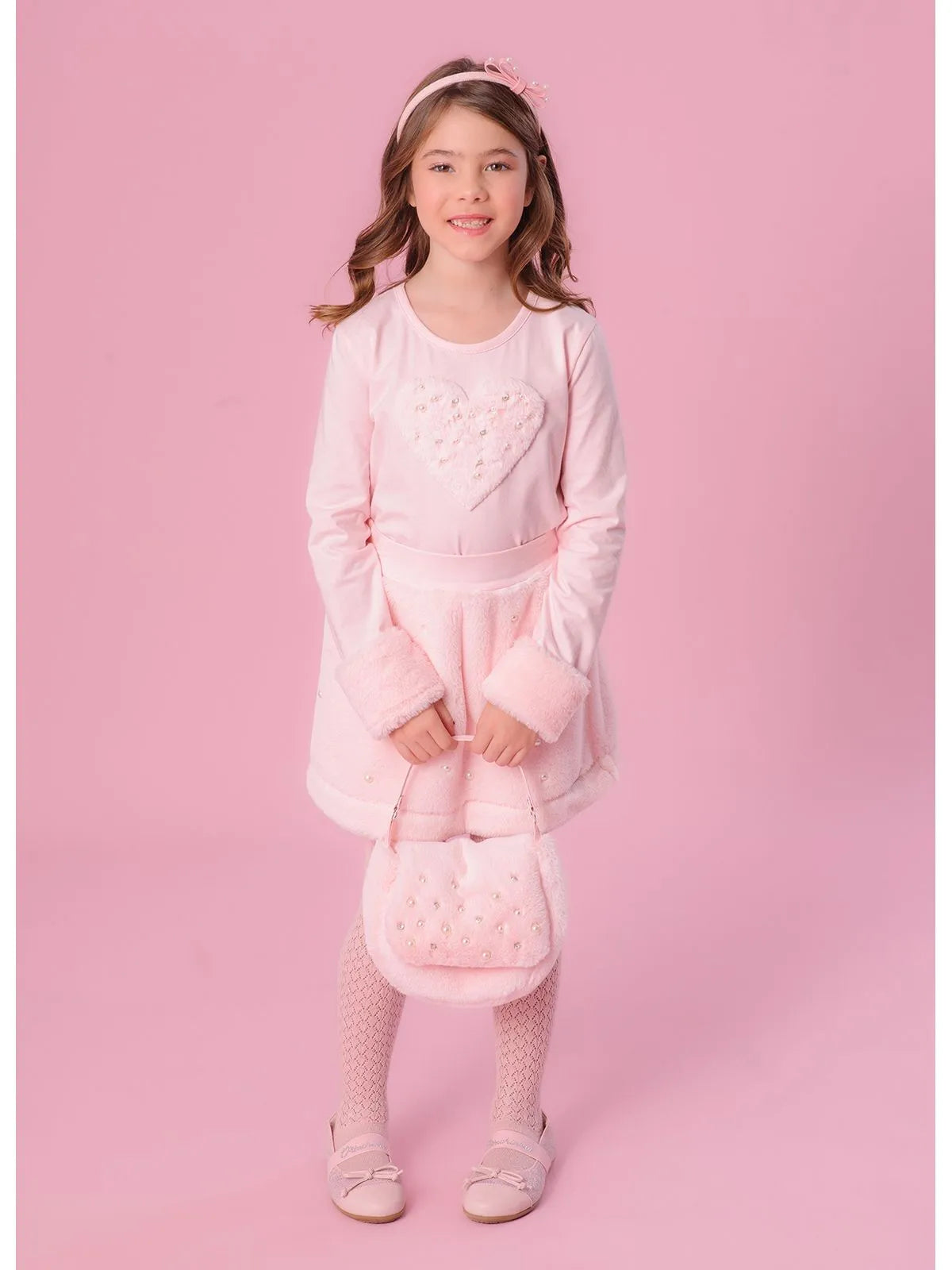 Saia Short Pele Bordado Pérolas E Cristais Rosa Baby - BambolePetit