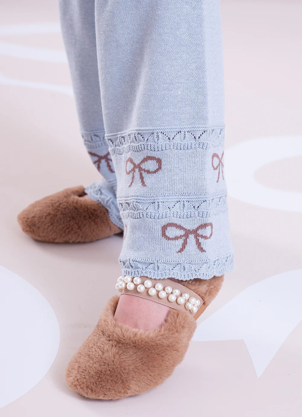 Calça Tricot Reta Barra Laços Mescla Azul Claro Pituchinhus