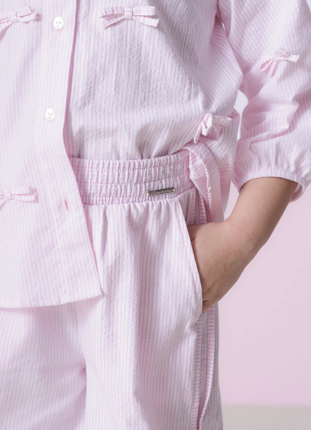 Calça Reta Algodão Listrado Laços Rosa Pituchinhus