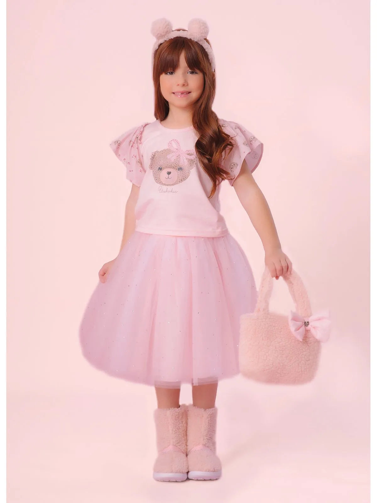 Saia Short Tule Cristais Princesa Rosa Gelado - BambolePetit