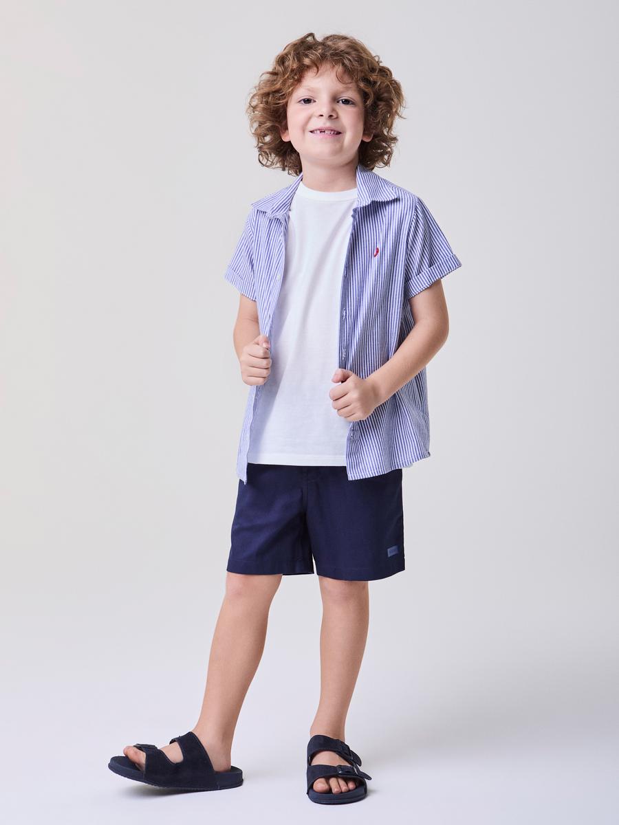 Camisa Manga Curta com Listras Azuis Bimbi