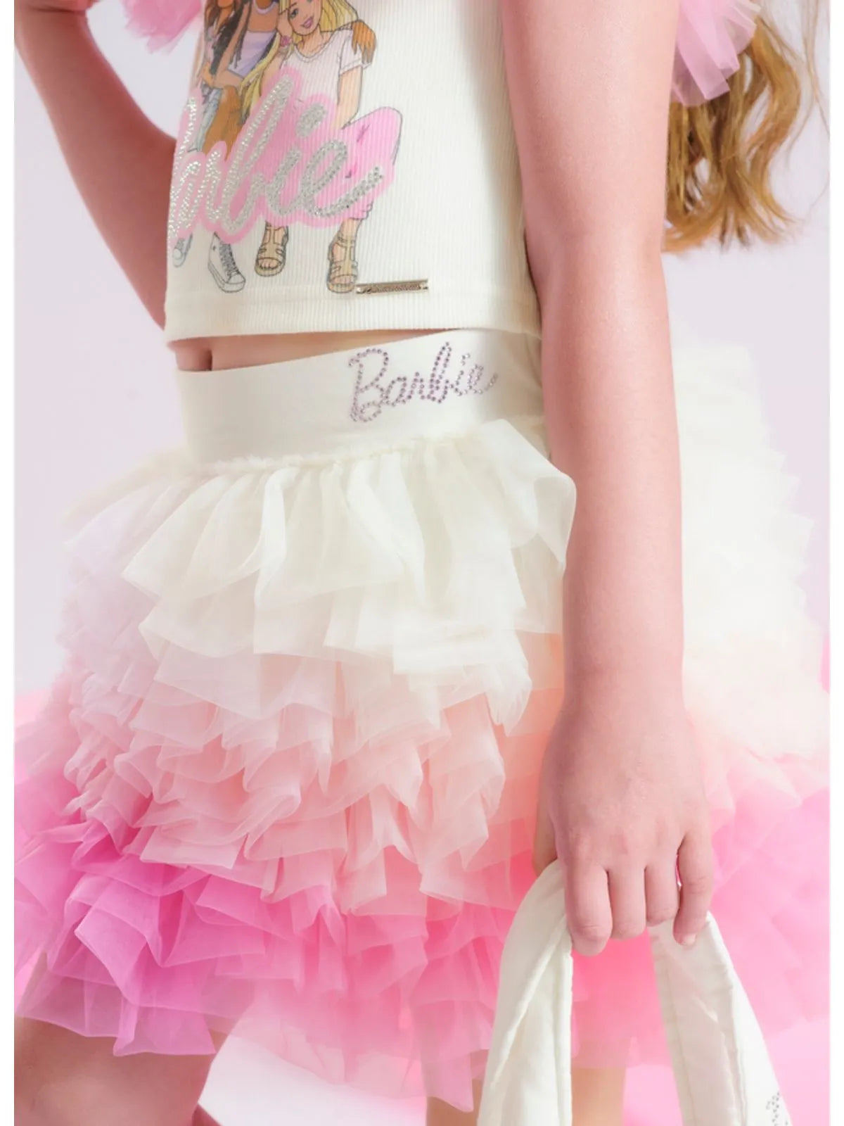 Saia Short Babados Tule Coloridos Barbie Off White - BambolePetit