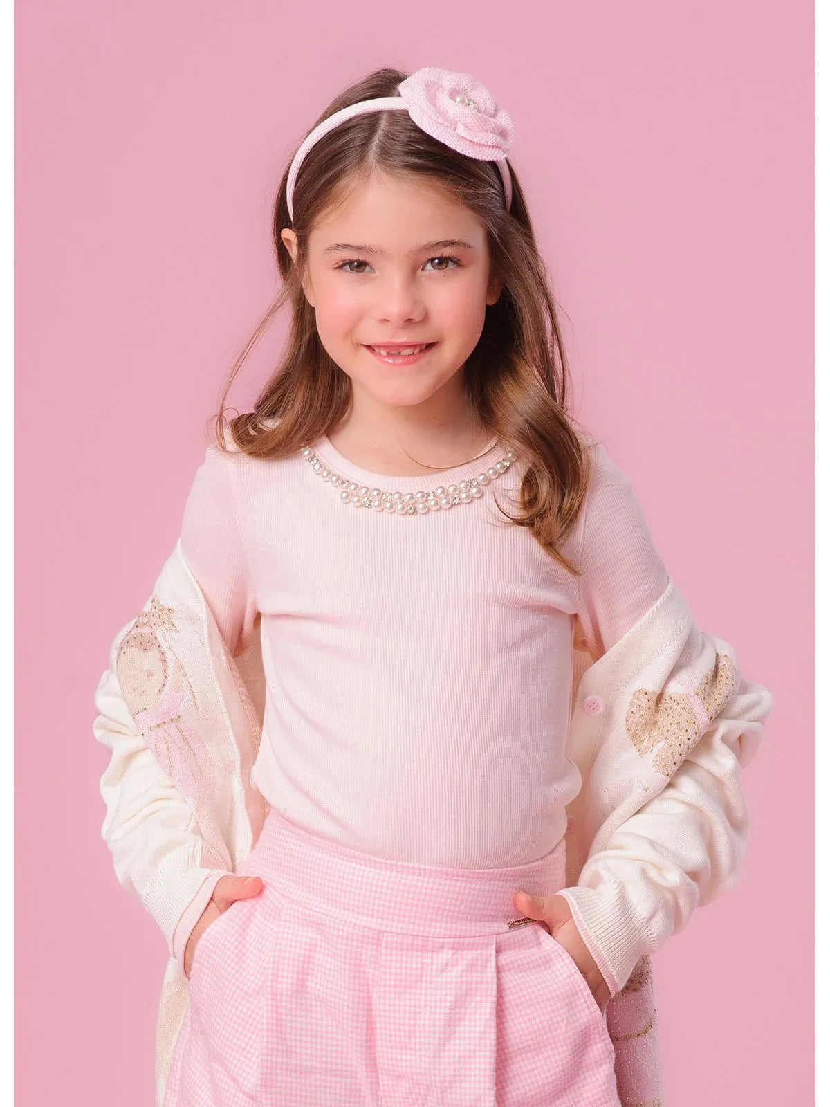 Blusa Ribana Bordado Pérolas e Cristais Rosa Gelado - BambolePetit
