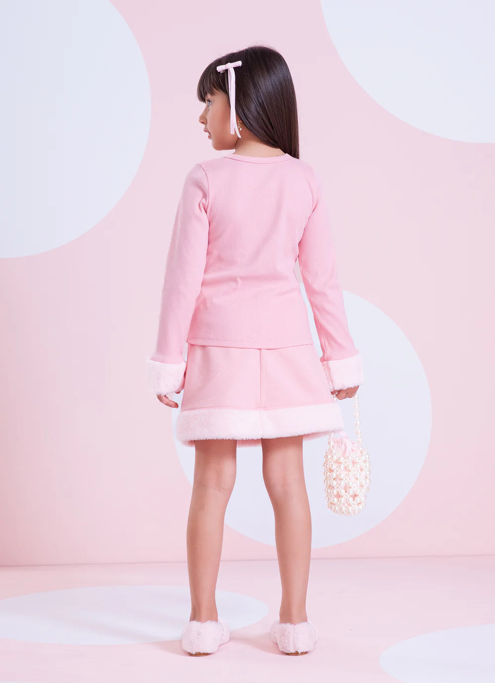 Saia Short Moletom Barra Pele Bordados Rosa Dolce Pituchinhus