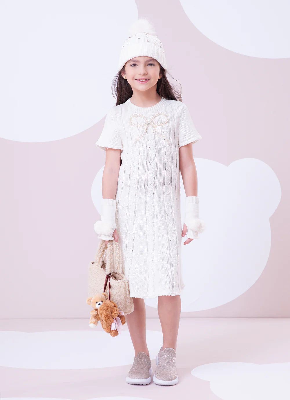 Vestido Tricot Sem Costura Canelado Laço Bordado Off White Pituchinhus