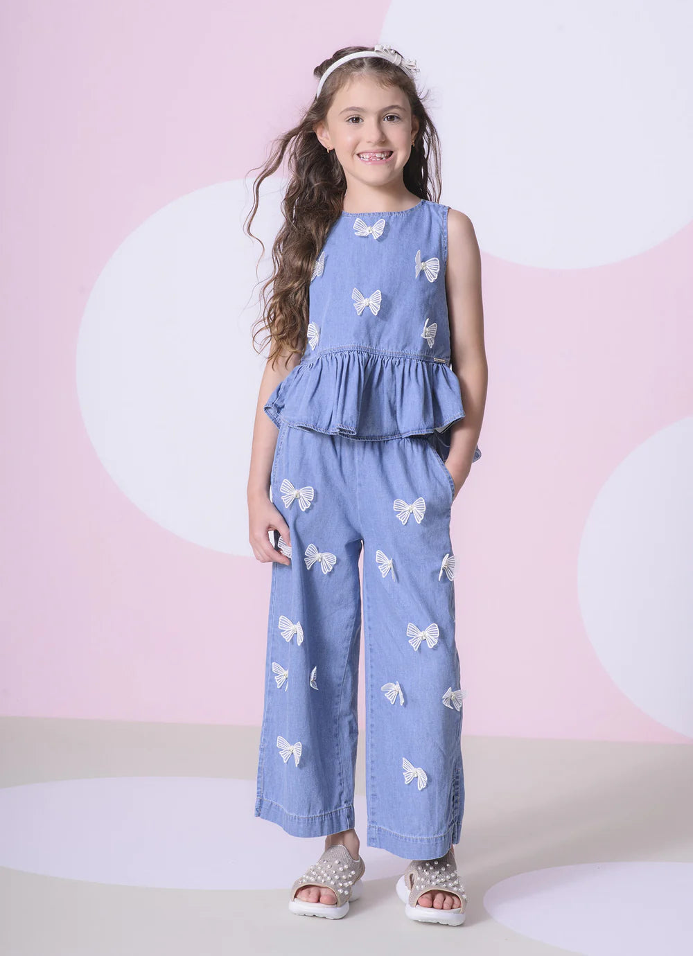 Regata Jeans Fino Babado Laçinhos Aplicados Pituchinhus