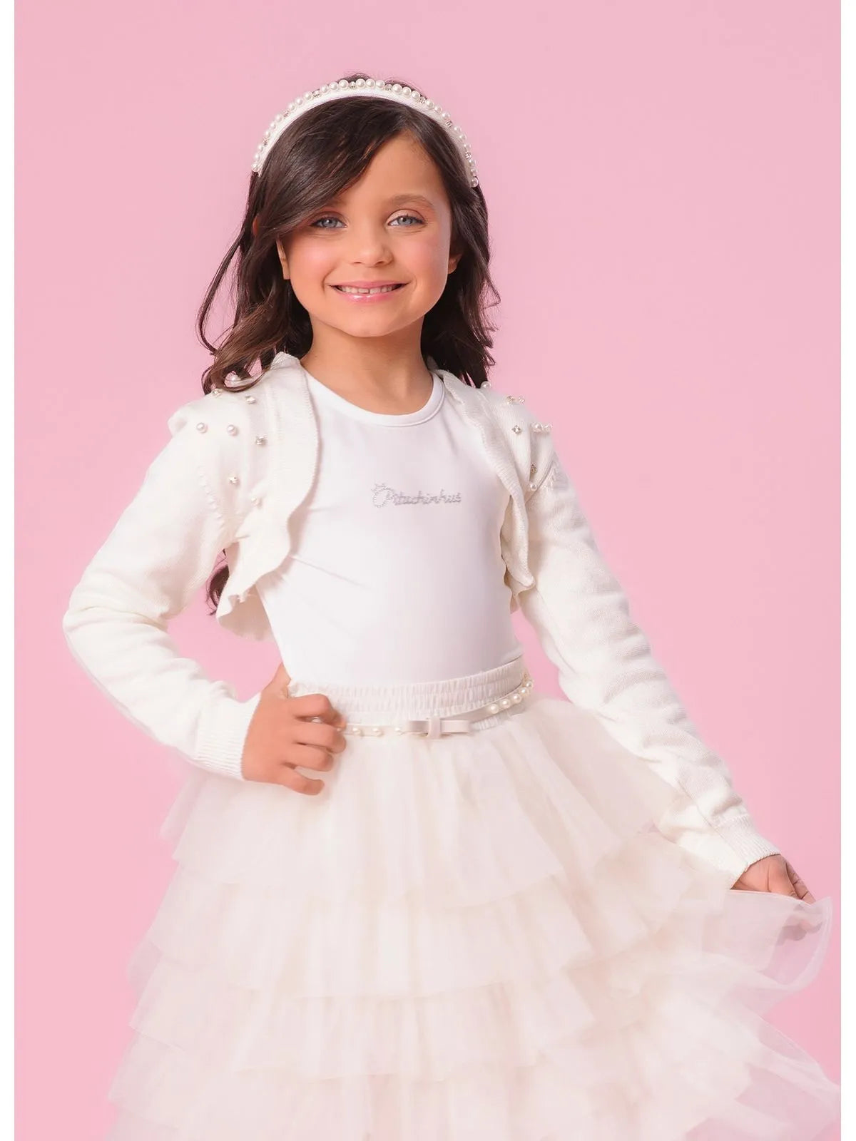 Bolero Tricot Bordado Pérolas e Cristais Off White Pituchinhus