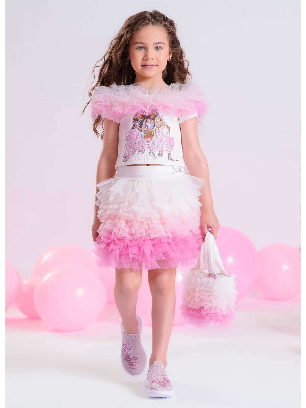 Saia Short Babados Tule Coloridos Barbie Off White - BambolePetit