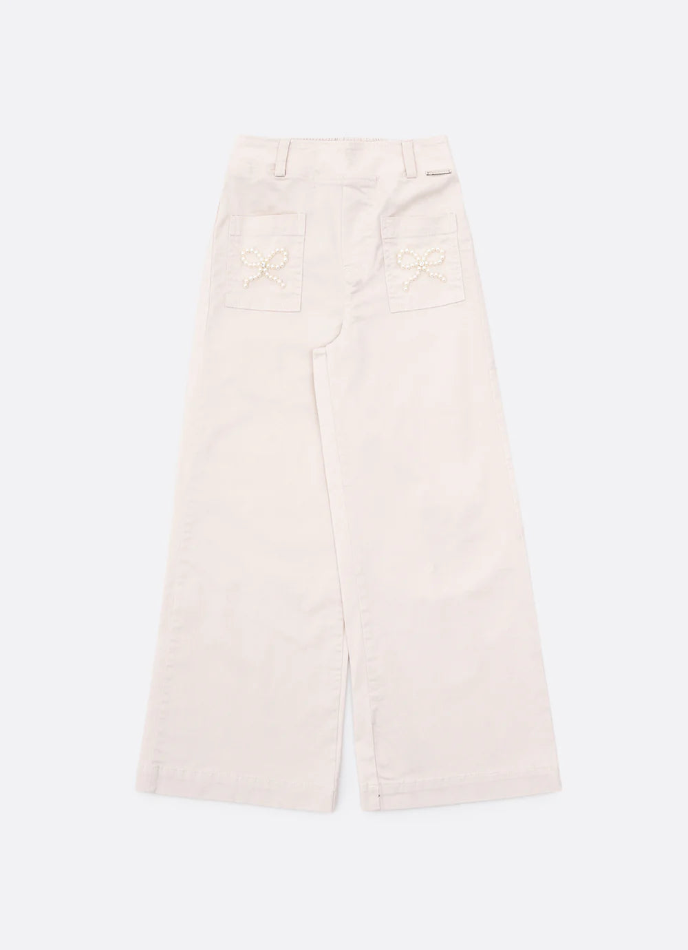 Calça Sarja Reta Laços Bordados Bolsos Bege Claro Pituchinhus
