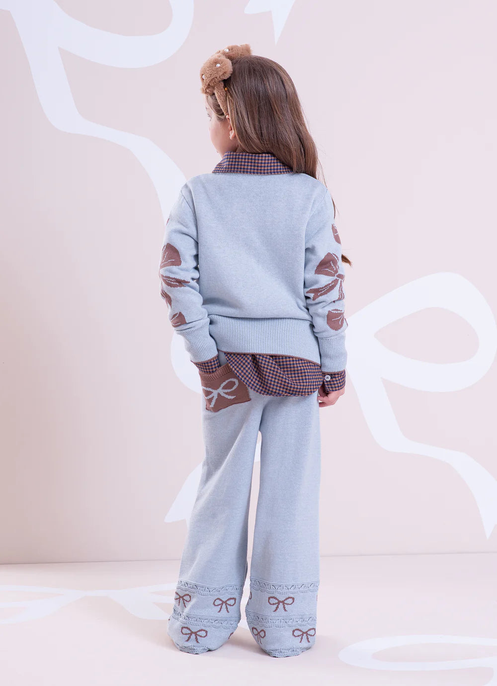 Calça Tricot Reta Barra Laços Mescla Azul Claro Pituchinhus
