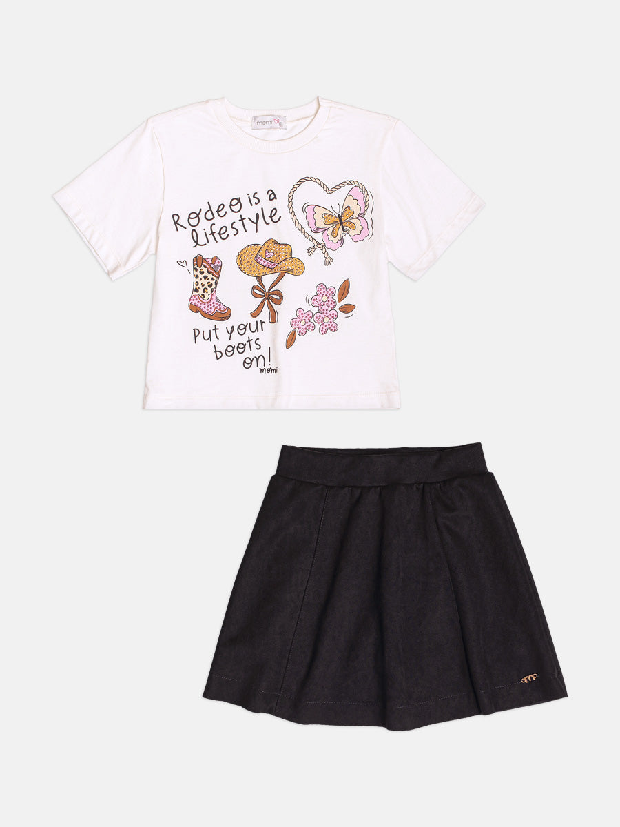 Conjunto Manga Curta Blusa e Saia Perola Momi