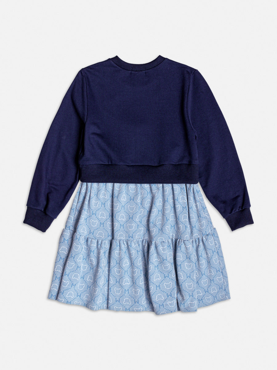 Vestido Com Saia Jacquard Urso Azul Marinho - BambolePetit