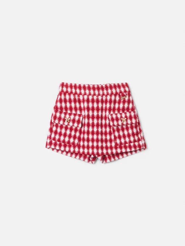 Short Saia Em Tweed Xadrez Vermelho/Off Animê