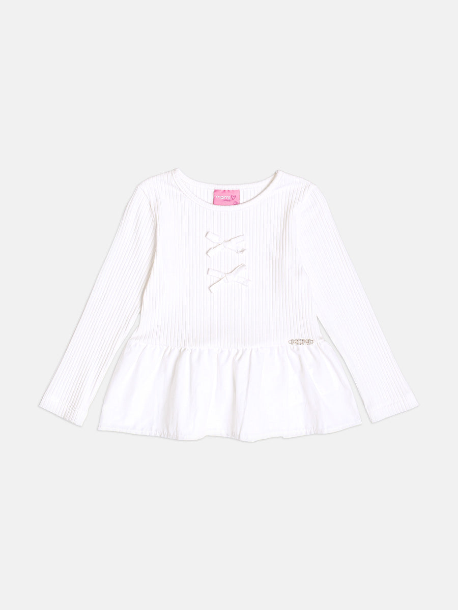 Blusa Manga Longa Canelada Com Lacinhos Off White Momi