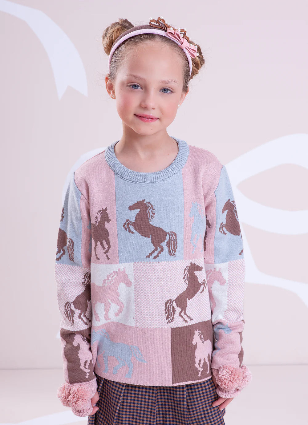 Blusa Tricot Jacquard Multi Cavalinhos Rosa Dolce Pituchinhus