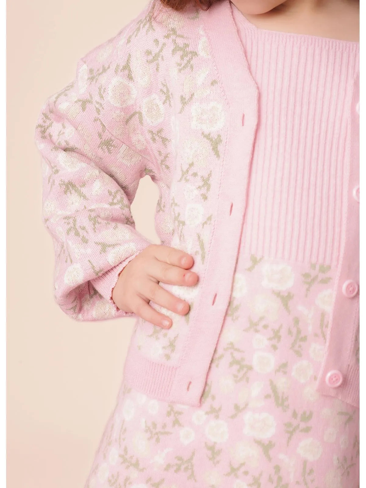 Casaco Tricot Jacquard Floral Mangas Bufantes Sugar Rose