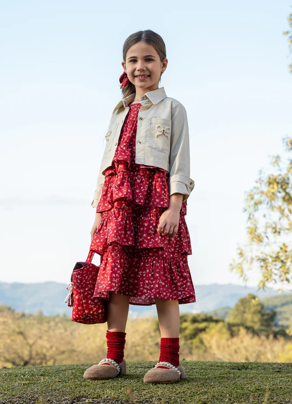 Vestido Algodão Est Mini Floral Babados Mini Flores E Lacos Pituchinhus