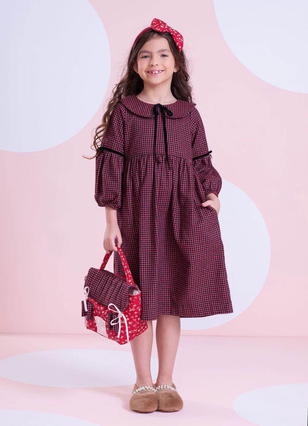 Vestido Xadrez Golinha Laços Veludo Vermelho Pituchinhus