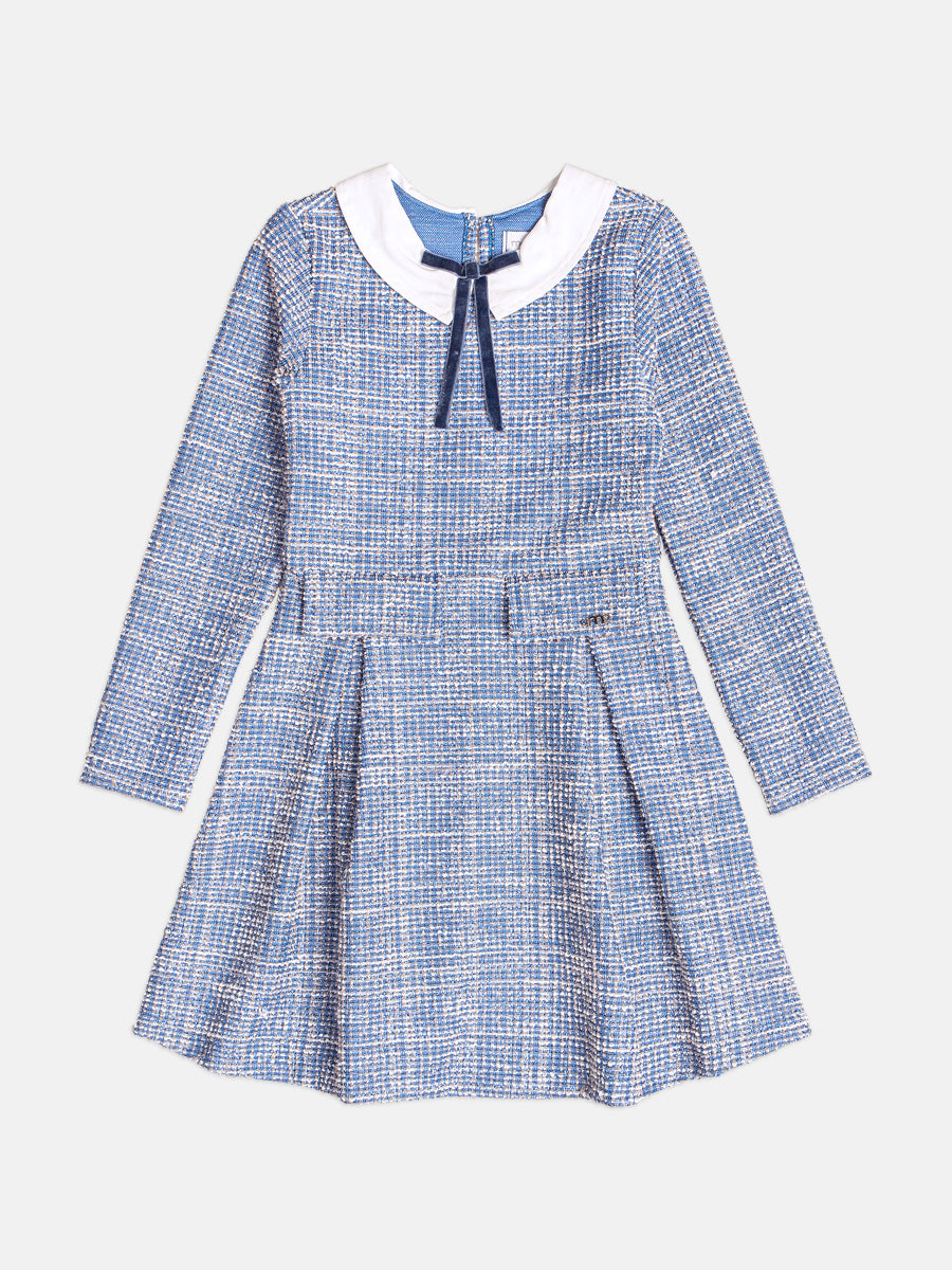 Vestido De Tweed Com Gola Xadrez Azul/Off Momi