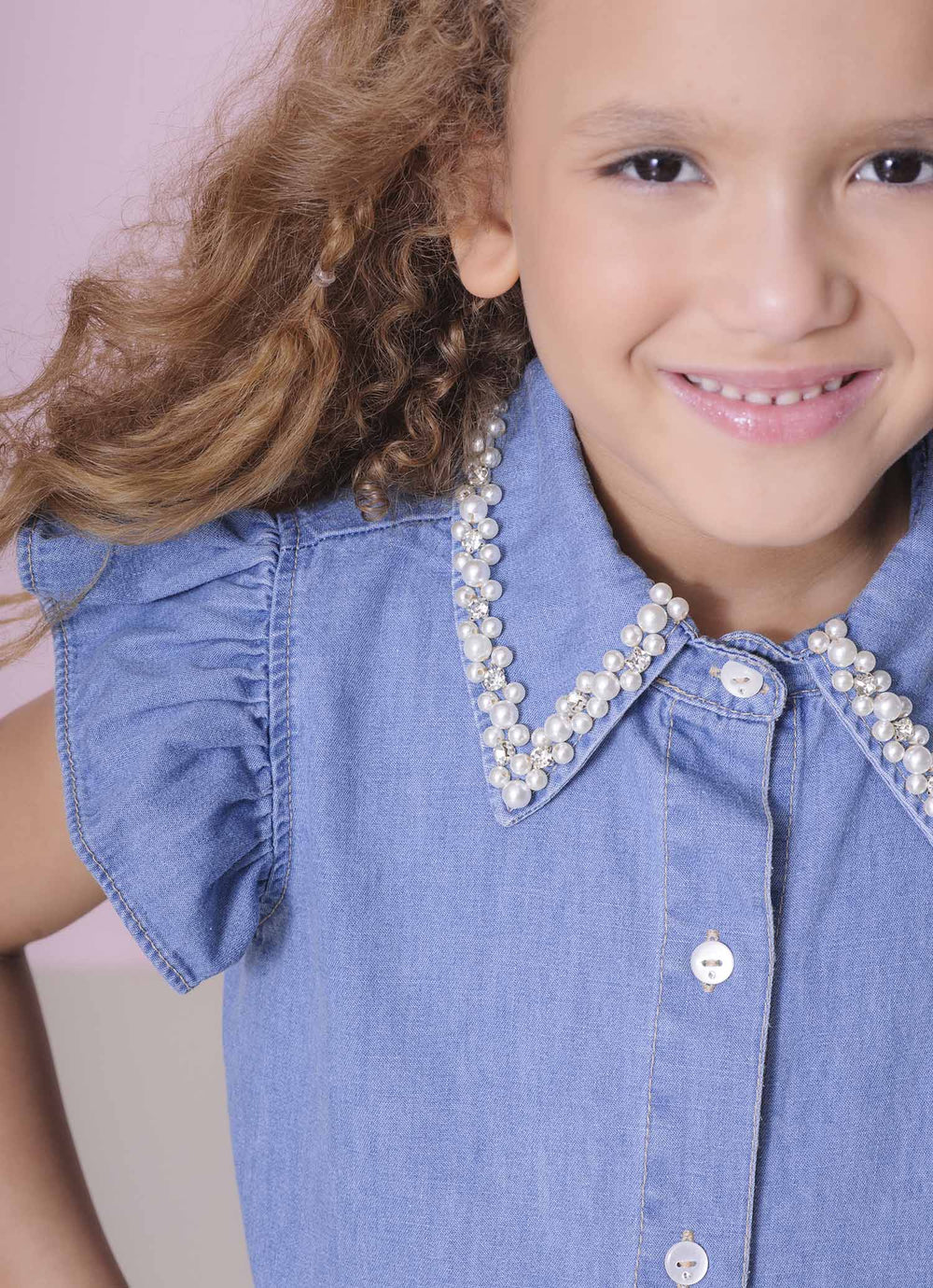 Camisa Jeans Bordado Pérola e Cristal Pituchinhus
