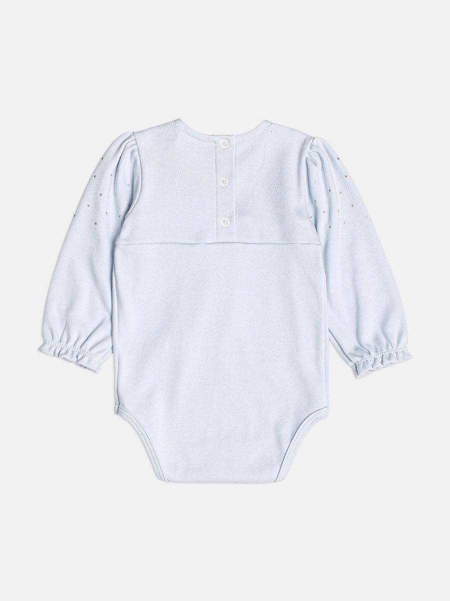 Body Manga Longa Com Strass Azul Bebe Momi