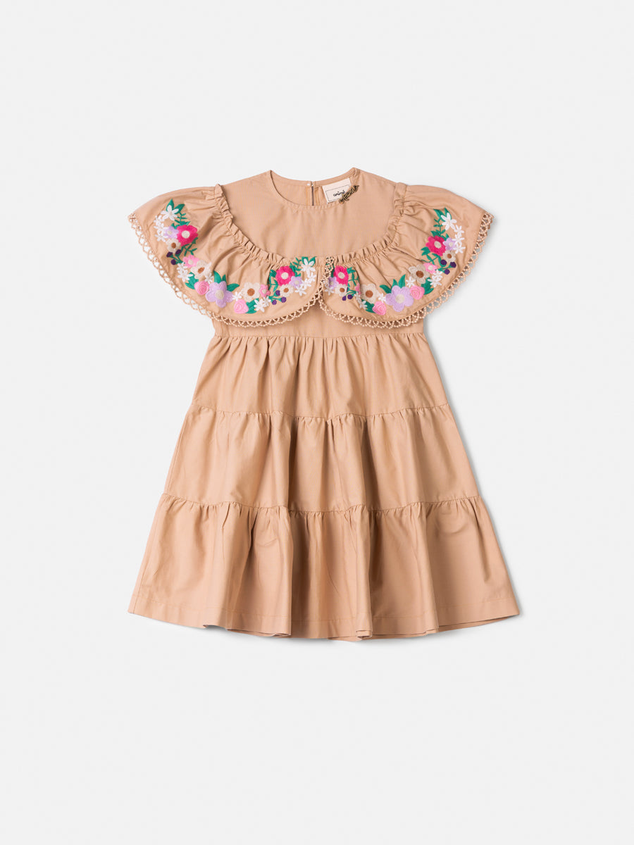 Vestido Bordado Bege Khaki Animê