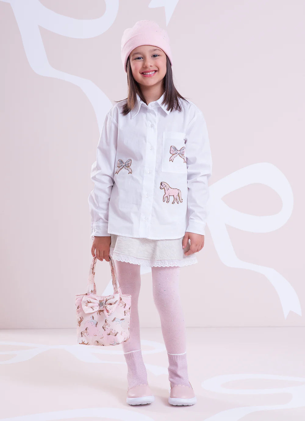 Camisa Tricoline Ampla Patches Laços E Cavalinho Branco Pituchinhus