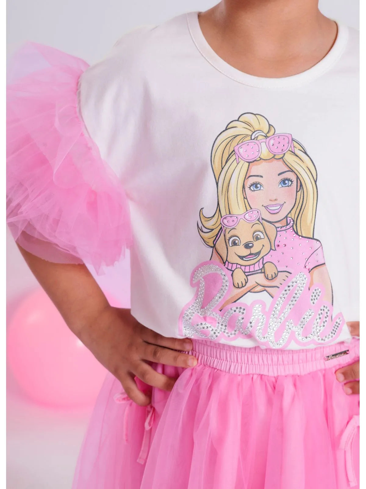 Blusa Cotton Serigrafia Barbie Cachorro Tule Mangas Off White - BambolePetit