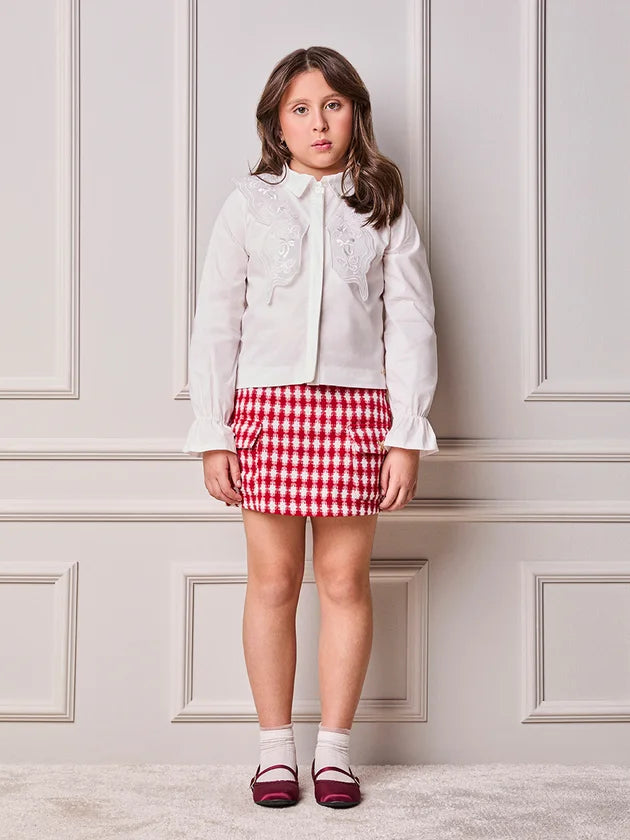 Short Saia Em Tweed Xadrez Vermelho/Off Animê
