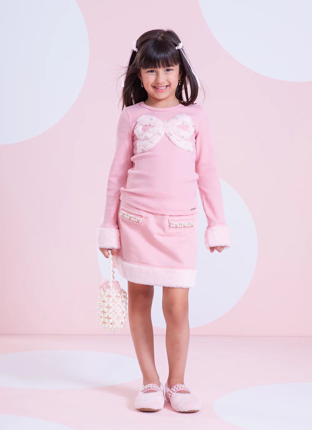 Blusa Rib Punho E Laço De Pele Bordado Rosa Dolce Pituchinhus