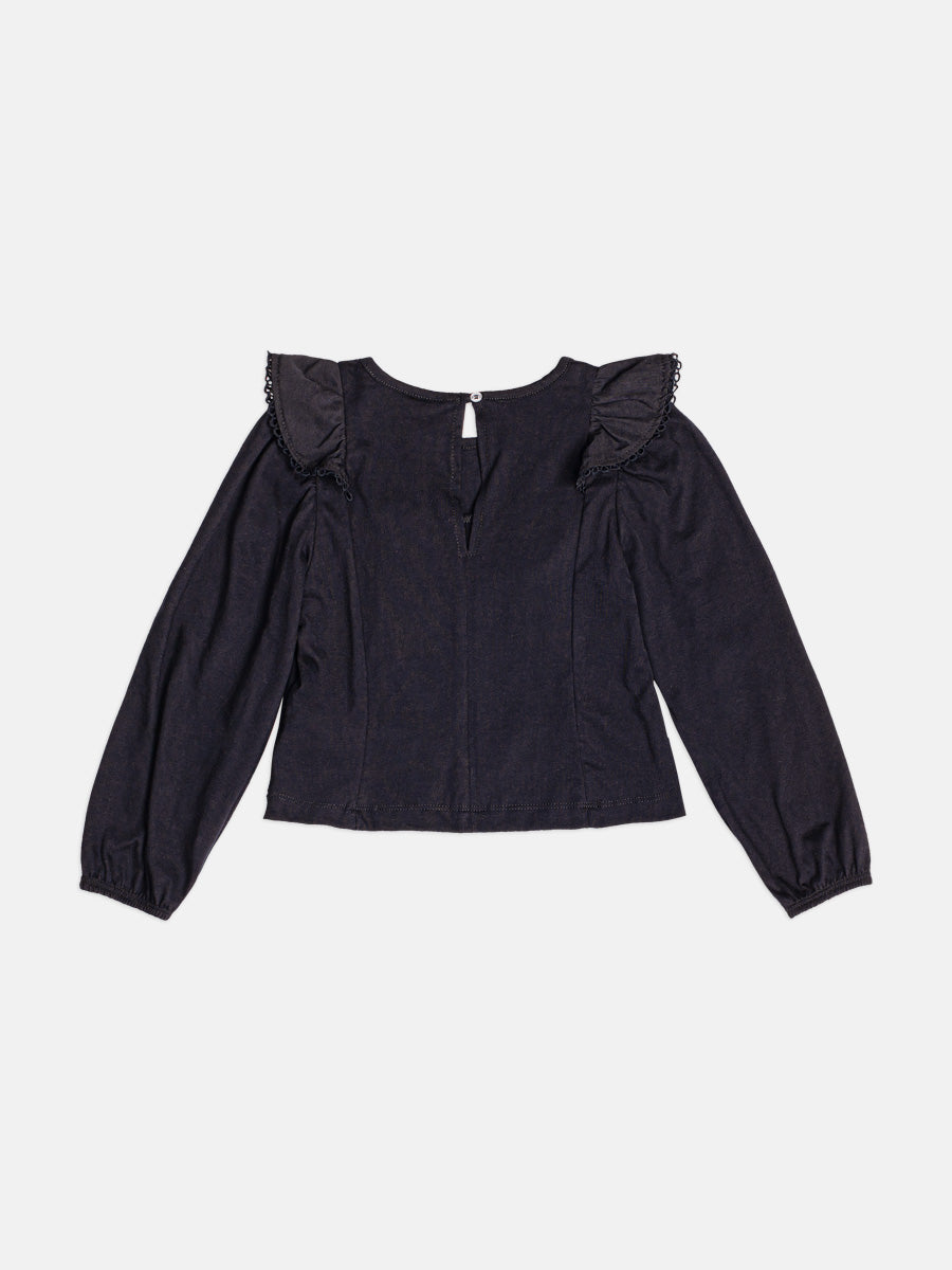 Blusa Manga Longa Com Babado E Renda Preto Momi