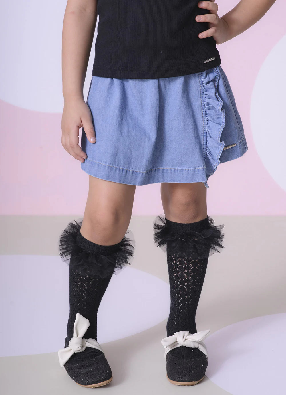 Meia Tricot Rendada Frufru Tule Preto
